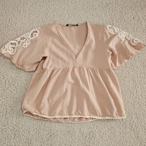 Zara Linen Blend Blouse Lace Crochet Loose V Neck Women M Coastal Vacation Blush